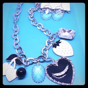 Silvertone charm necklace and earrings set